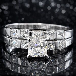 Princess Cut Cz channel set Wedding Engagement promise Band Ring Set silver new